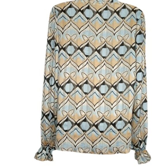 Haver + Blair London Womens Tie Neck Bow Blouse Pink Blue Metallic Geometric M - Picture 3 of 3